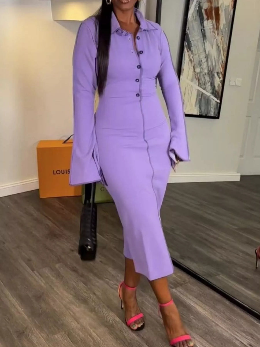 Button Front Long-Sleeve Midi Dress