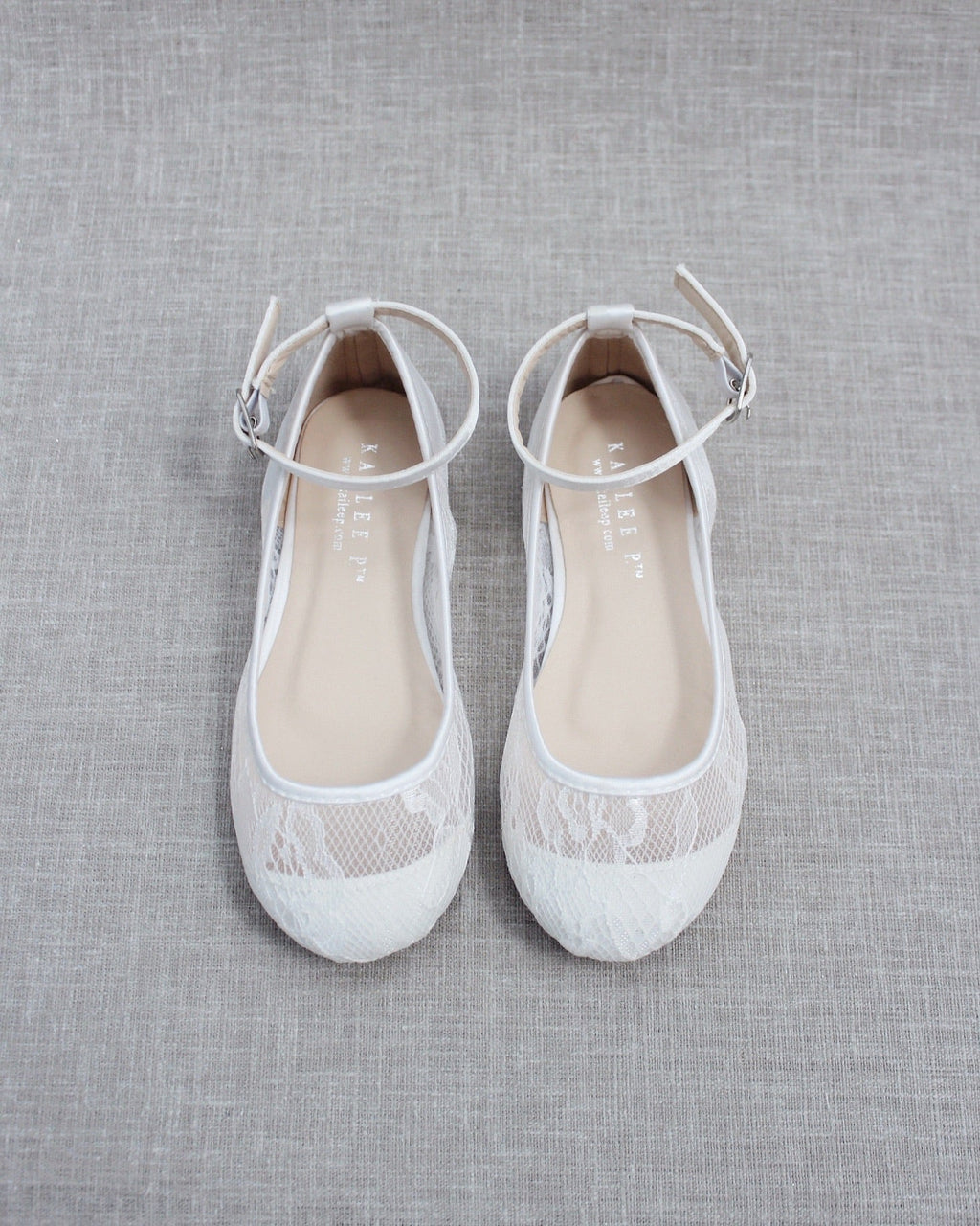White New Lace Ballet Flats with Ankle Strap