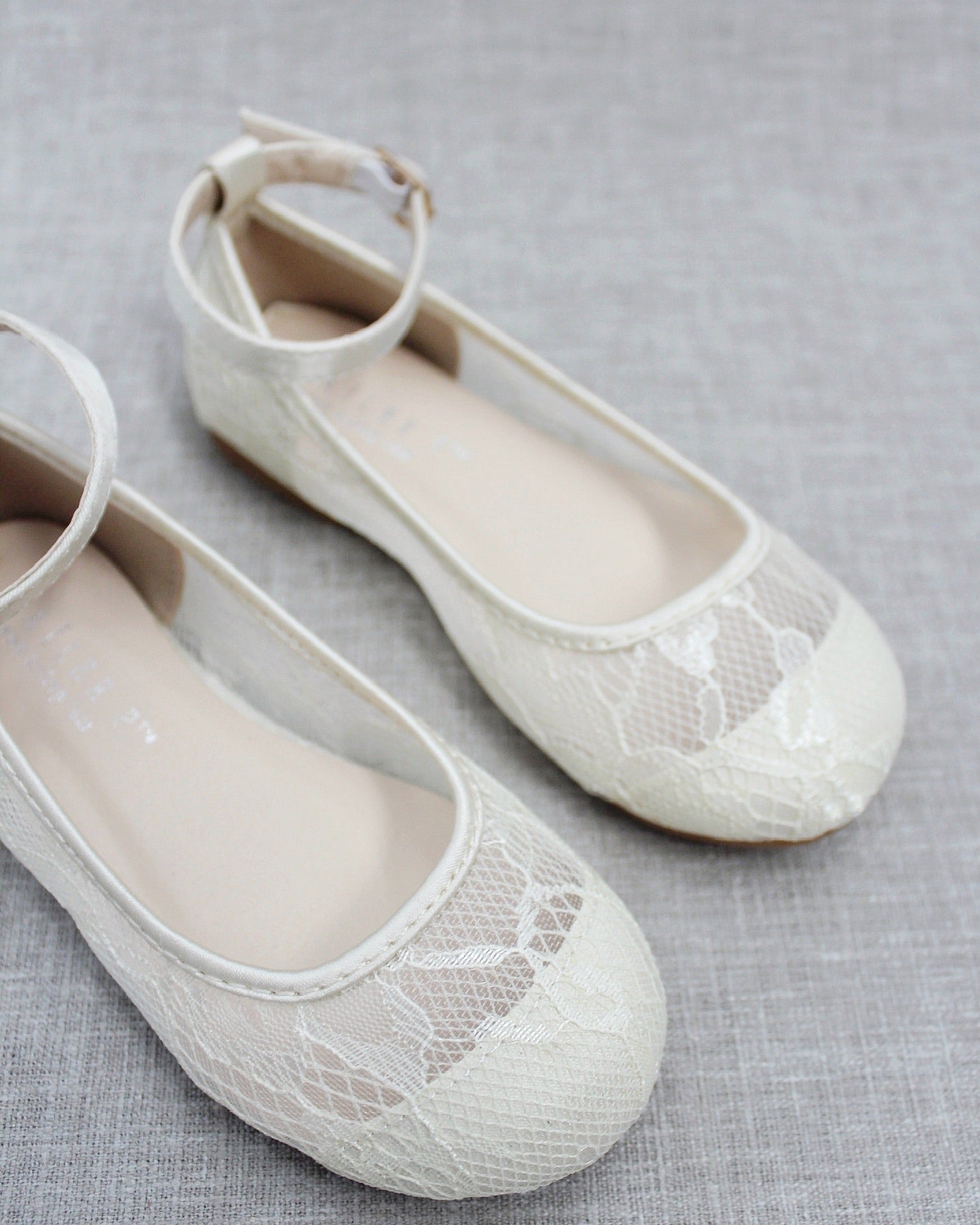 Ivory New Lace Ballet Flats with Ankle Strap
