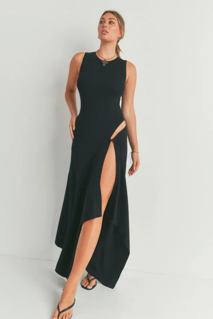 Black Viscose Maxi Dress with Slit