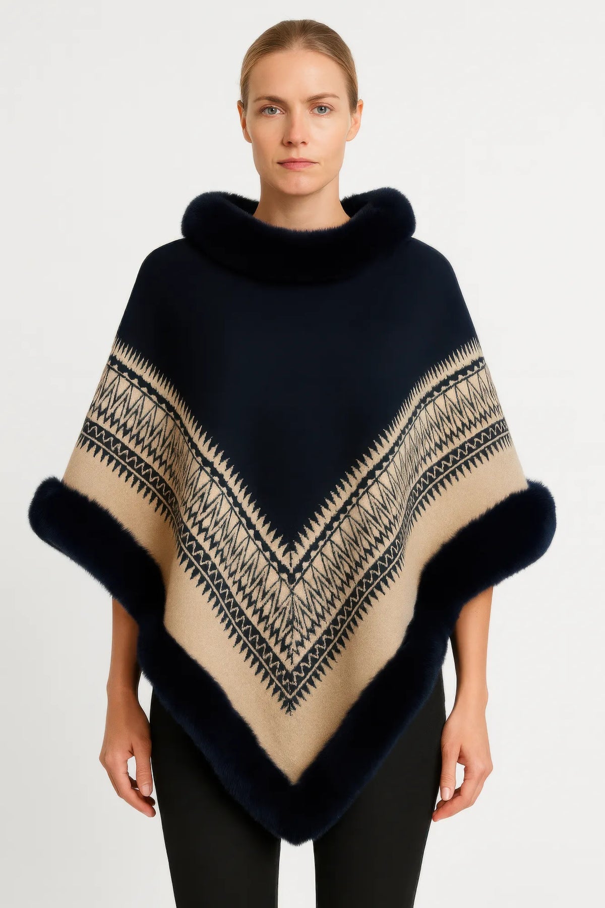 Women's Chevron-Pattern Poncho with Faux-Fur Collar — photo 1