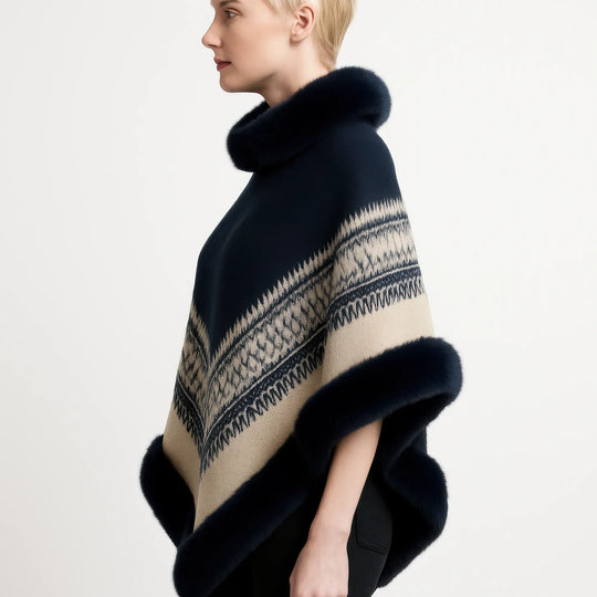 Another view: Women's Chevron-Pattern Poncho with Faux-Fur Collar