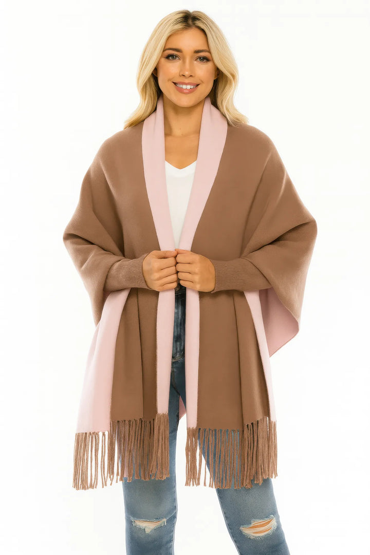 Colorblock Open-Front Wrap with Fringe