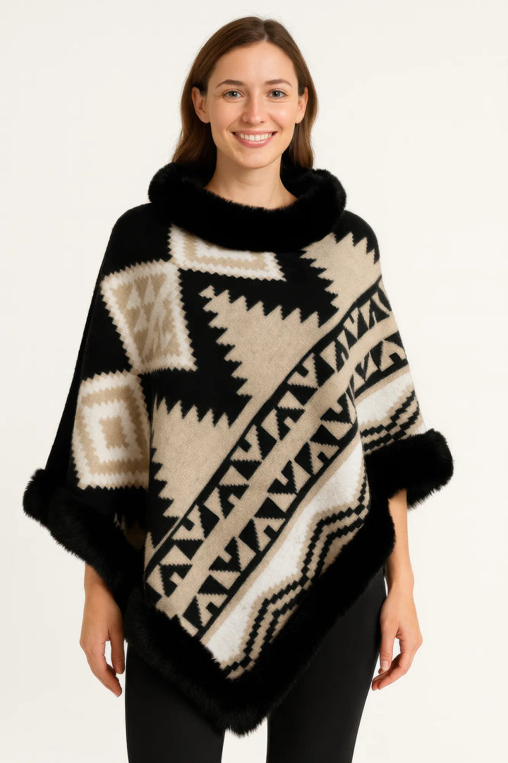 Geometric Faux-Fur-Trim Poncho