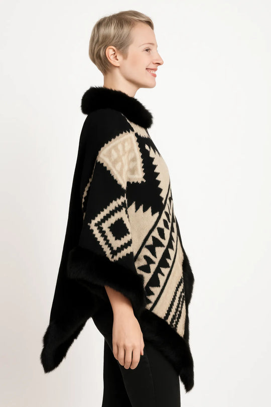 Another view: Geometric Faux-Fur-Trim Poncho