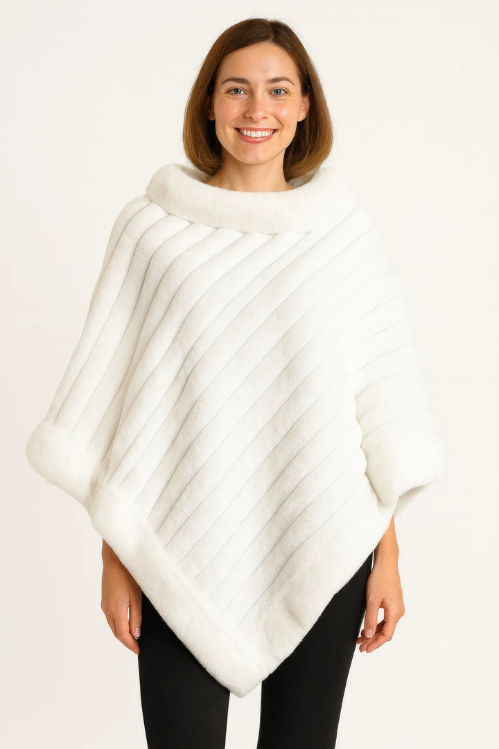 Women's Ivory Ribbed Knit Poncho with Faux-Fur Trim