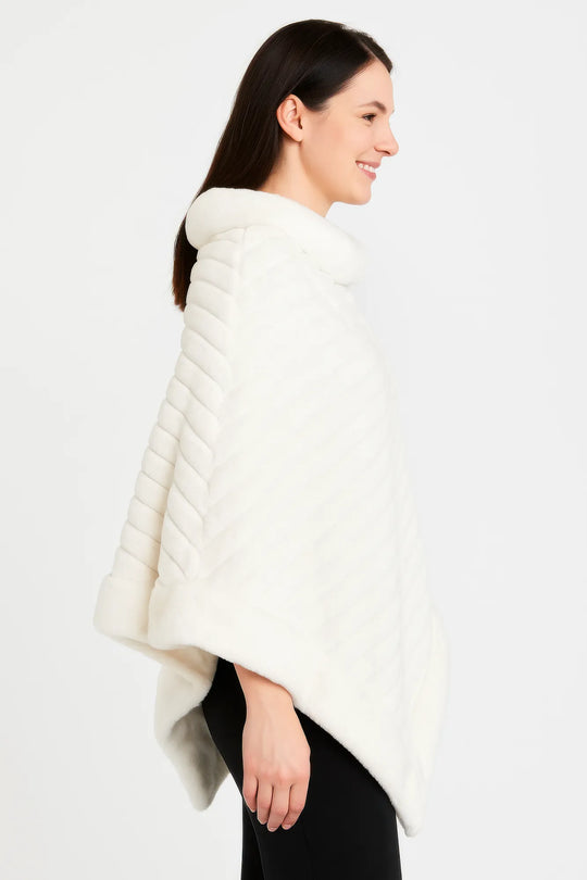 Another view: Women's Ivory Ribbed Knit Poncho with Faux-Fur Trim