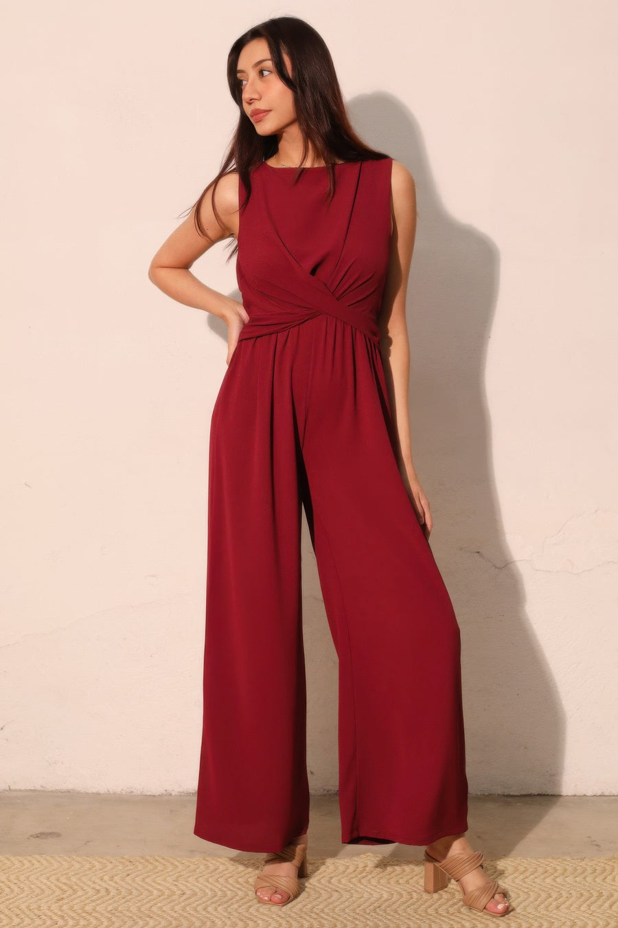 Textured Twist Front Jumpsuit — Wine