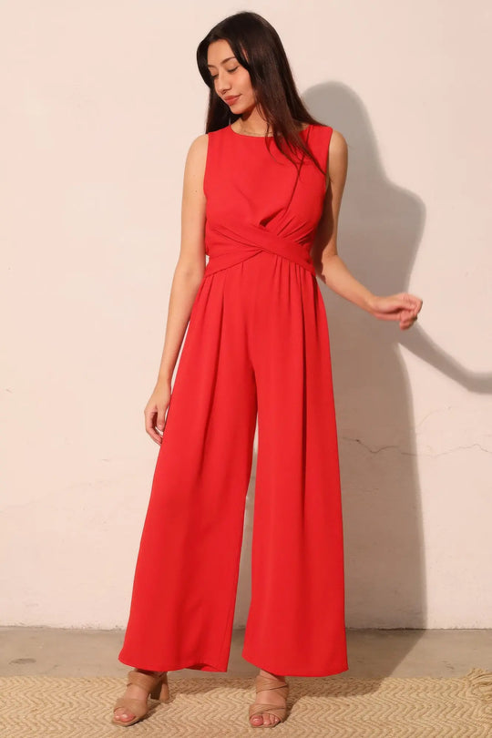 Another view: Textured Solid Twist Front Wide Leg Jumpsuit — Made in USA