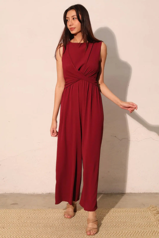 Another view: Textured Twist Front Jumpsuit — Wine