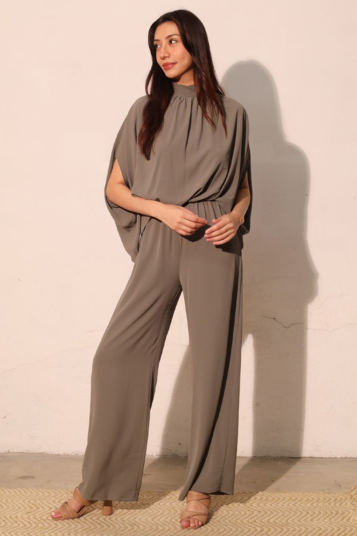 Women's Textured Mock-Neck Caftan Jumpsuit