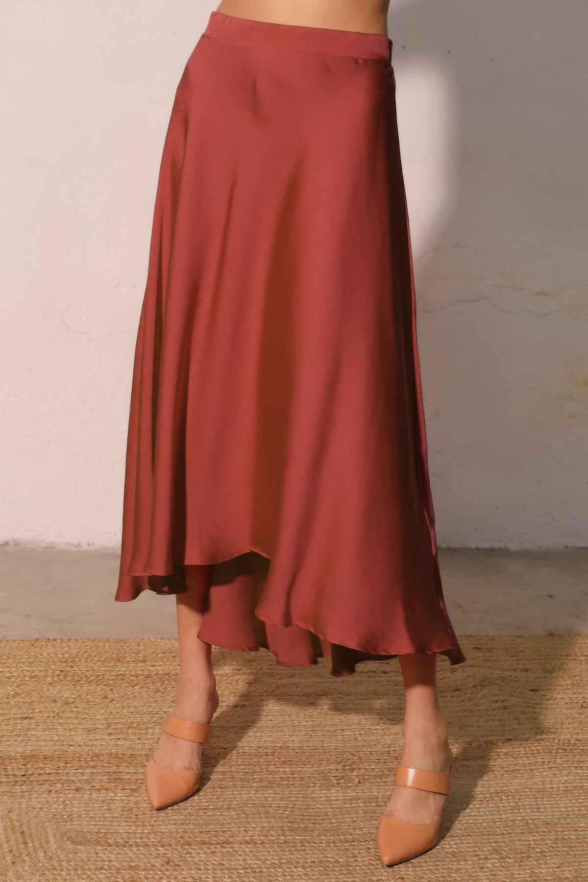 Women's Washed Satin Midi Swing Skirt