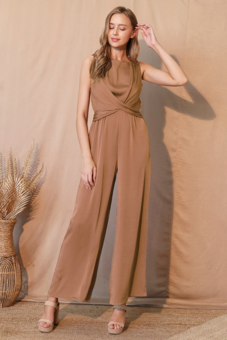Washed Poly Silk Twist Front Jumpsuit — Café