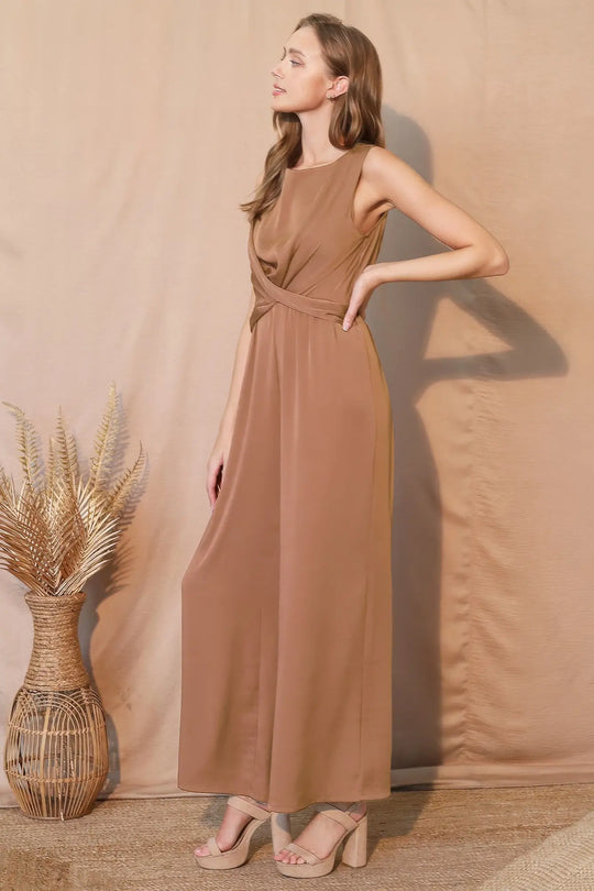 Another view: Washed Poly Silk Twist Front Jumpsuit — Café