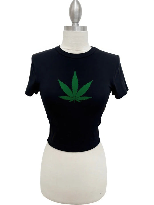 Another view: Black Cannabis Leaf Graphic Crop Tee