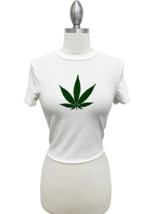 Another view: Ivory Cannabis Leaf Graphic Crop Tee