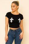 Women's black cross-patch fitted crop top
