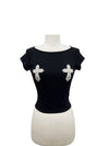 Black short-sleeve cross-detail crop top