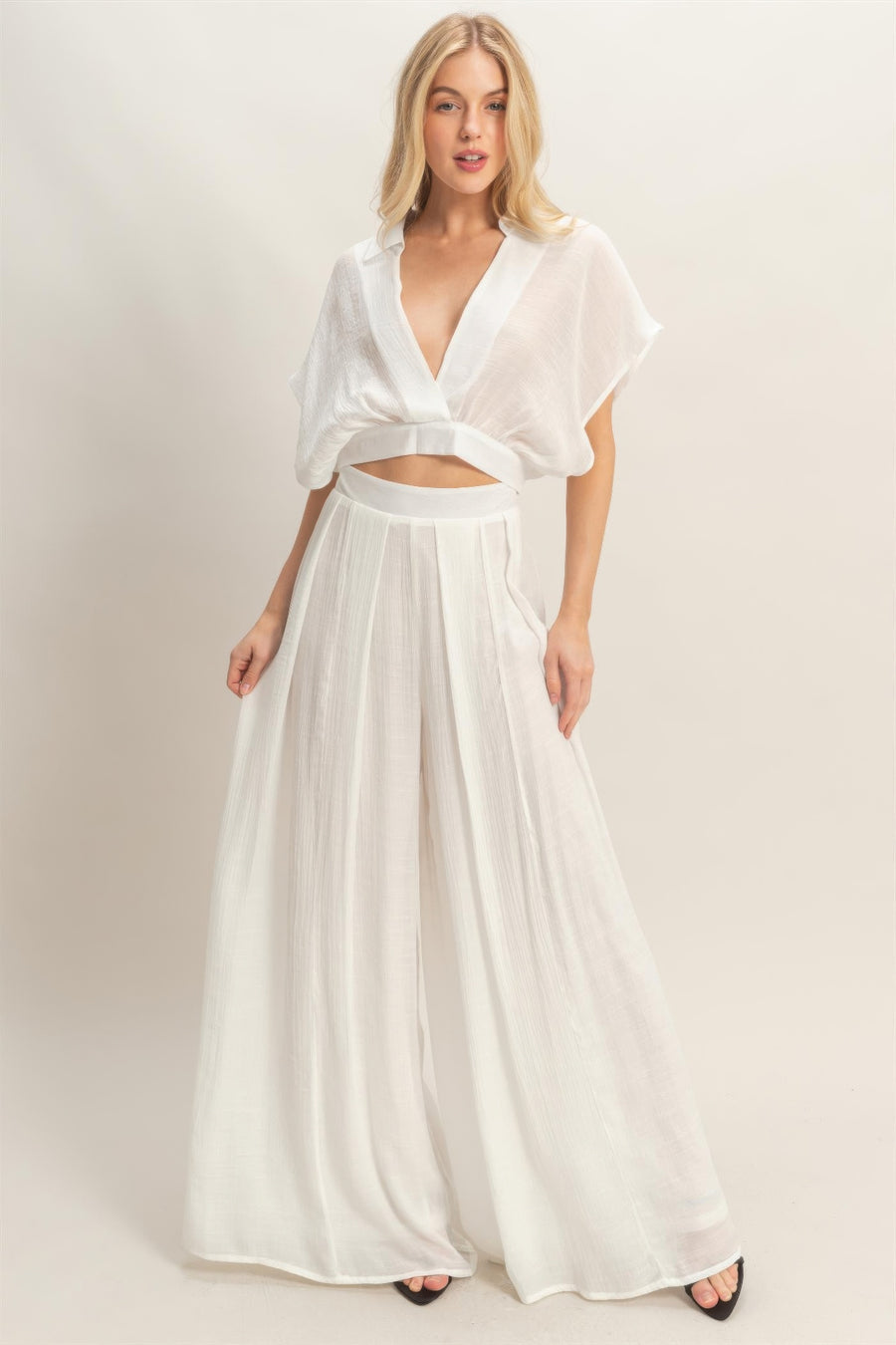 Collared Wrap Top & Wide-Leg Pants Set — White