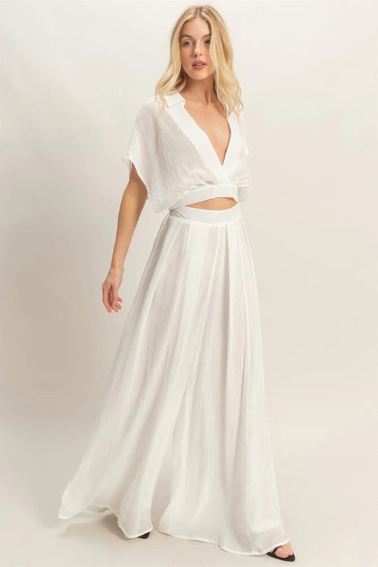 Another view: Collared Wrap Top & Wide-Leg Pants Set — White