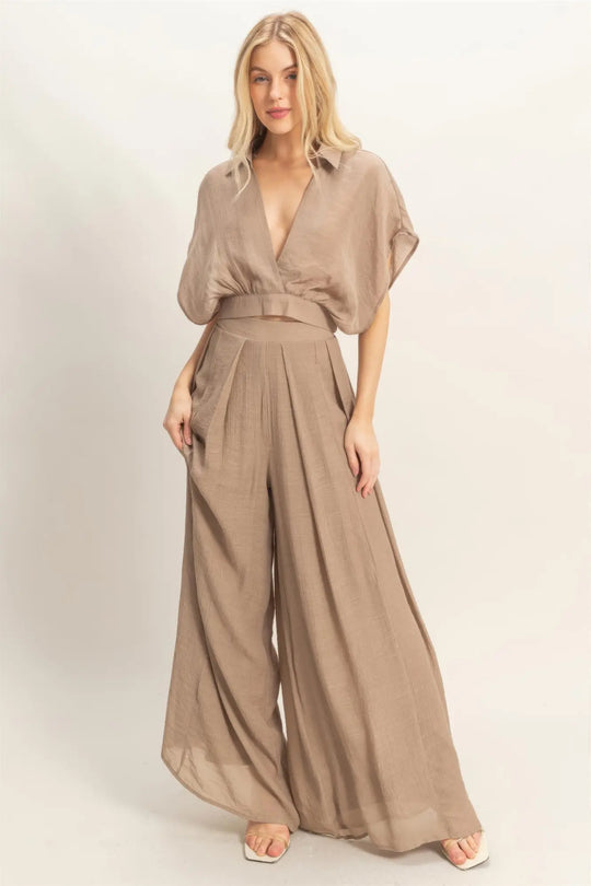 Another view: Collared Wrap Top & Wide-leg Pants Set
