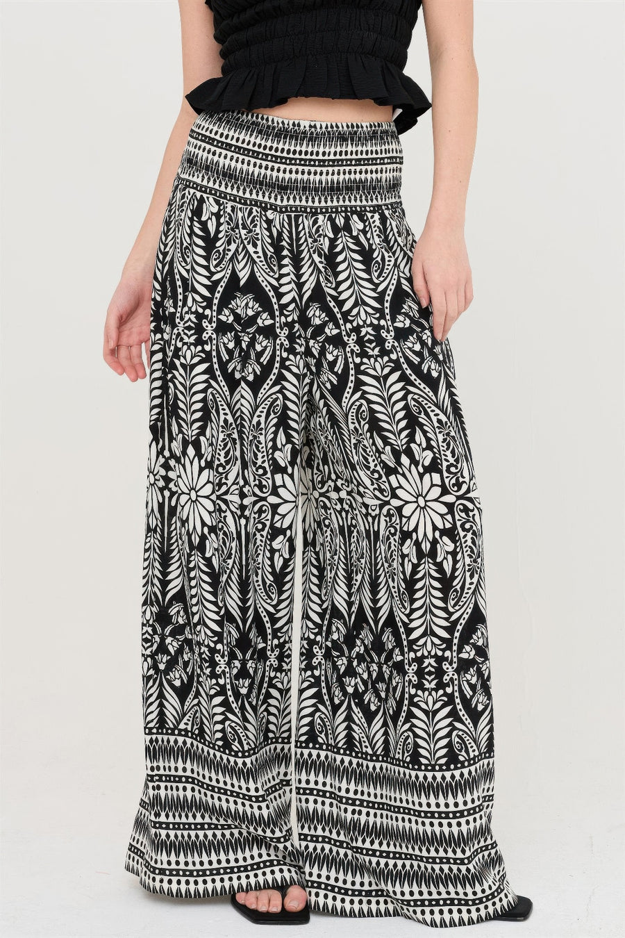 Smocked Waist Floral Pants — Black