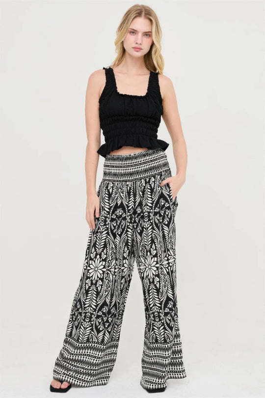 Another view: Smocked Waist Floral Pants — Black