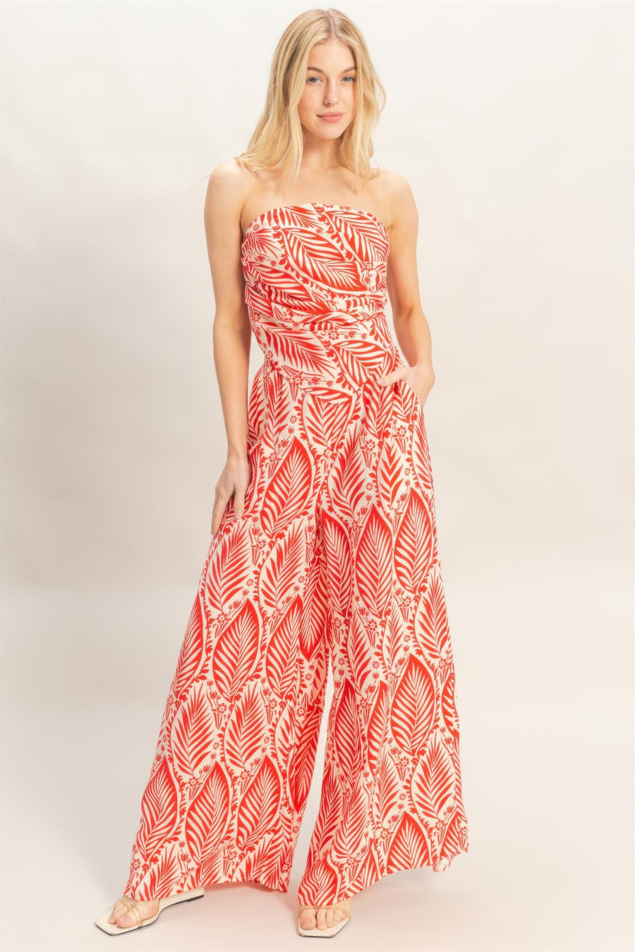 Strapless Top & Pant Print Set — Red