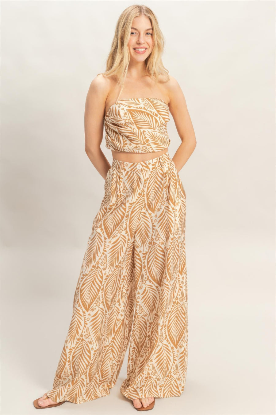 Strapless Top & Pant Print Set — Light Brown