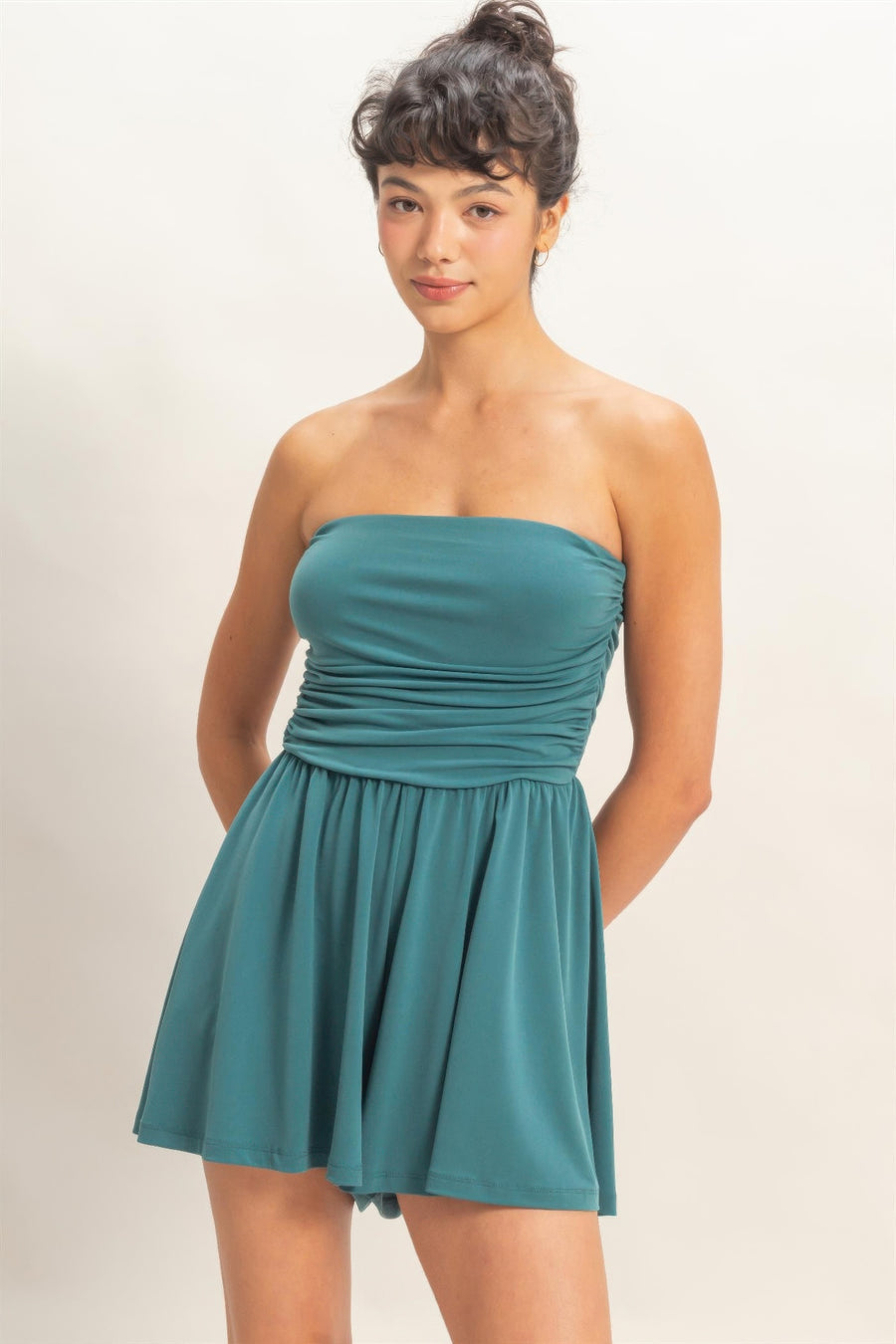 Dark Teal Strapless Shirred-Waist Romper