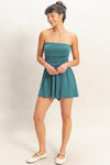 Dark teal strapless shirred-waist romper size guide