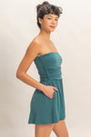 Dark teal strapless shirred-waist romper measurement guide