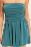 Dark teal strapless romper fit and sizing details