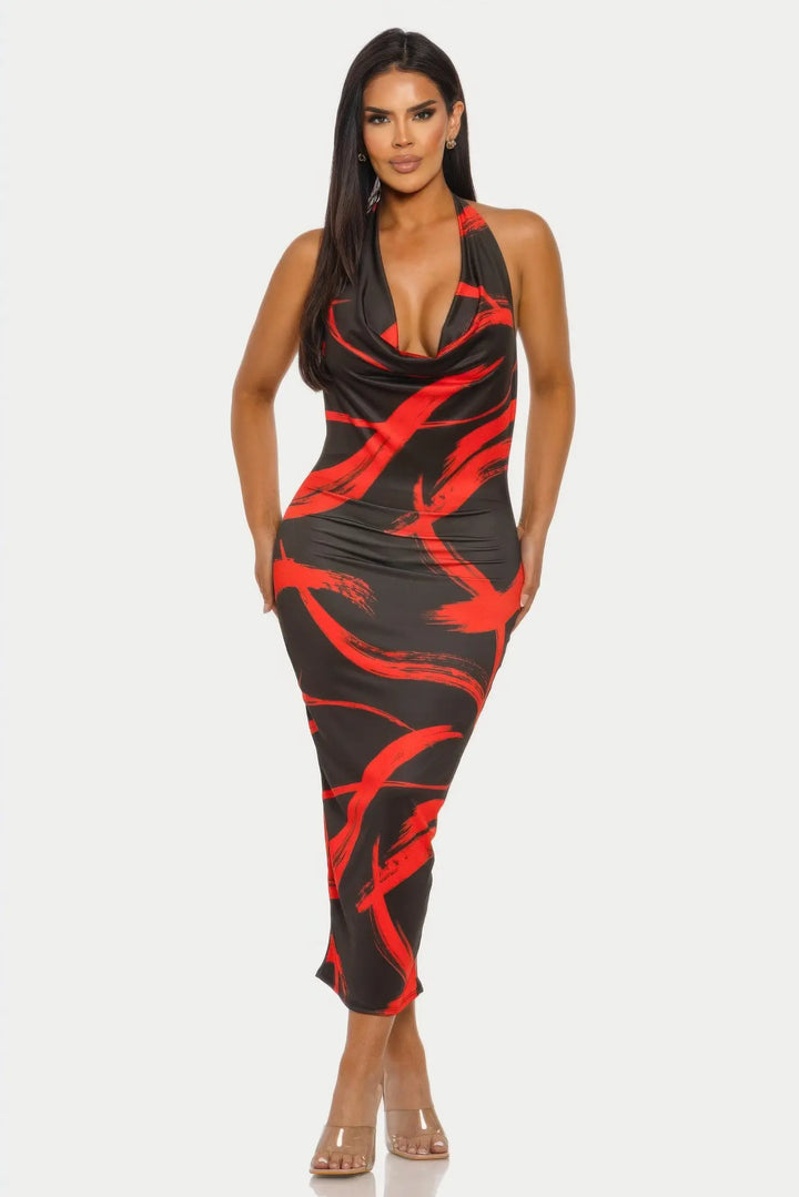 Abstract Print Halter Midi Dress
