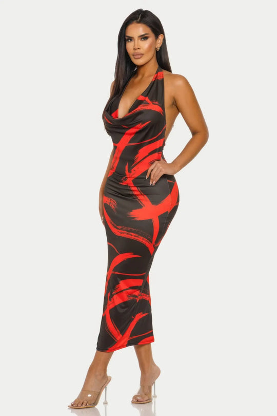 Another view: Abstract Print Halter Midi Dress