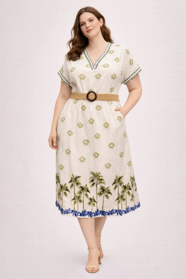 Women's Plus-Size Tropical Border-Print Midi Dress