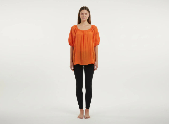 Crochet-Detail Short-Sleeve Blouse