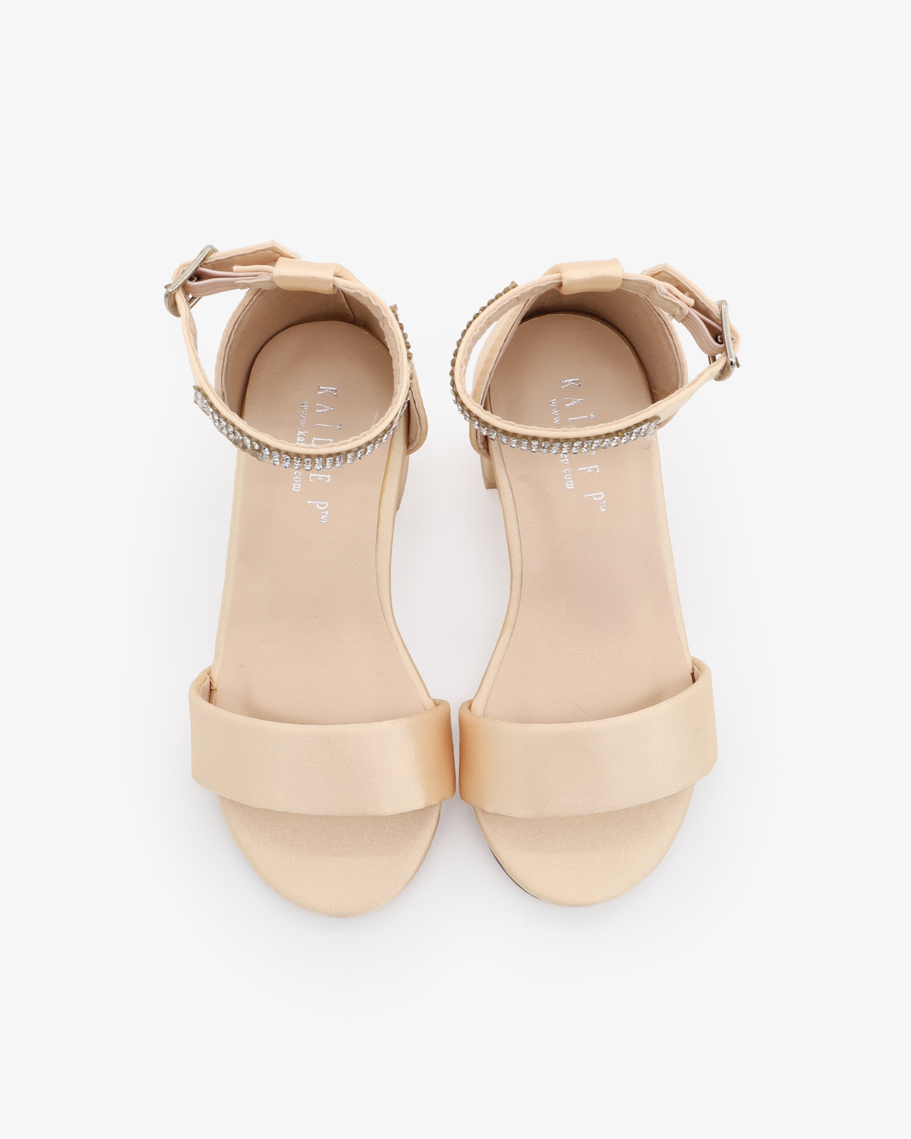 Satin Girls Block Heel Sandals with Mini Rhinestones Embellished Ankle Strap