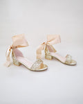Rock Glitter Low Block Heel Girls Sandals with Wrapped Satin Tie