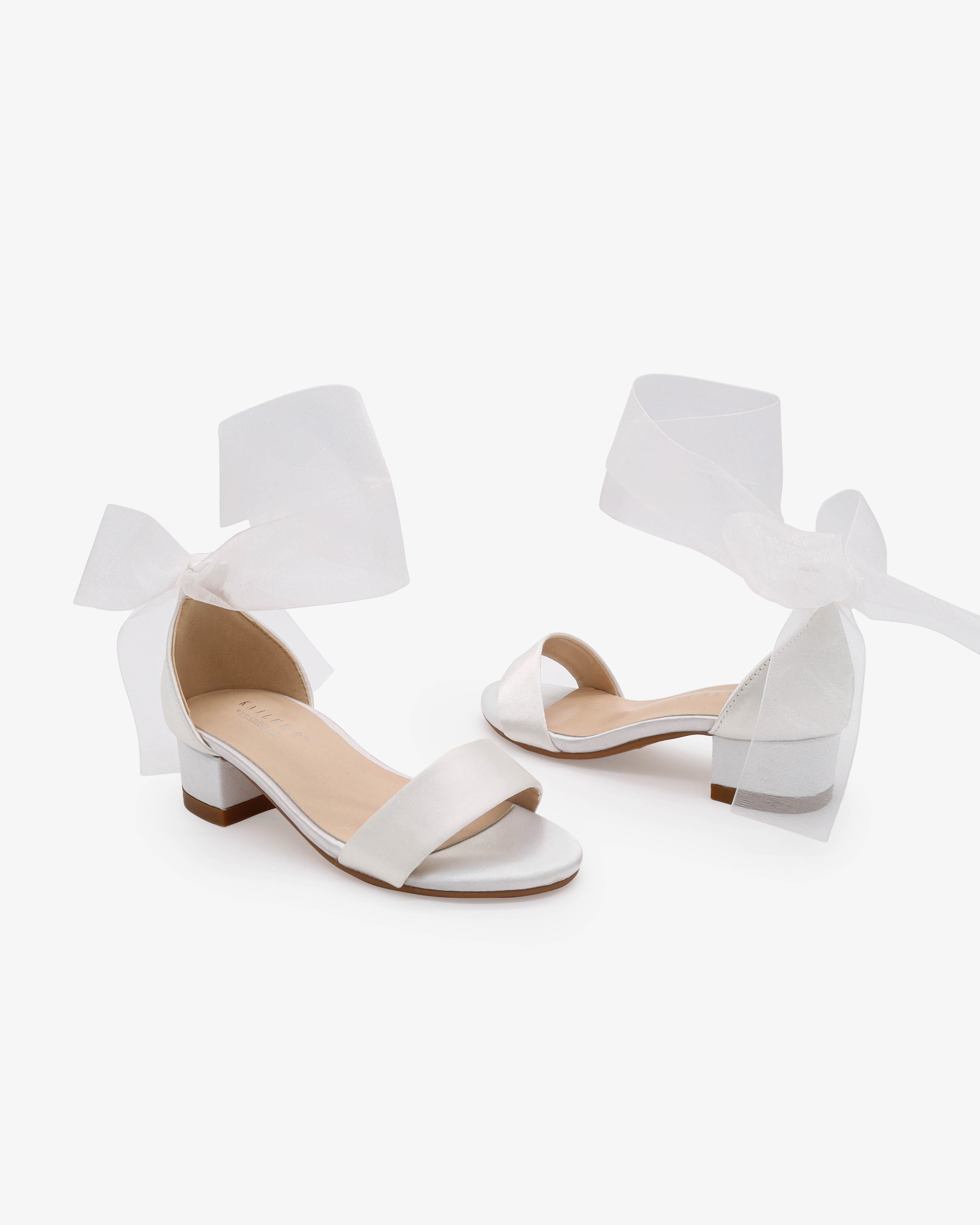 Satin Girls Block Heel Sandal with Wrapped Ribbon Tie