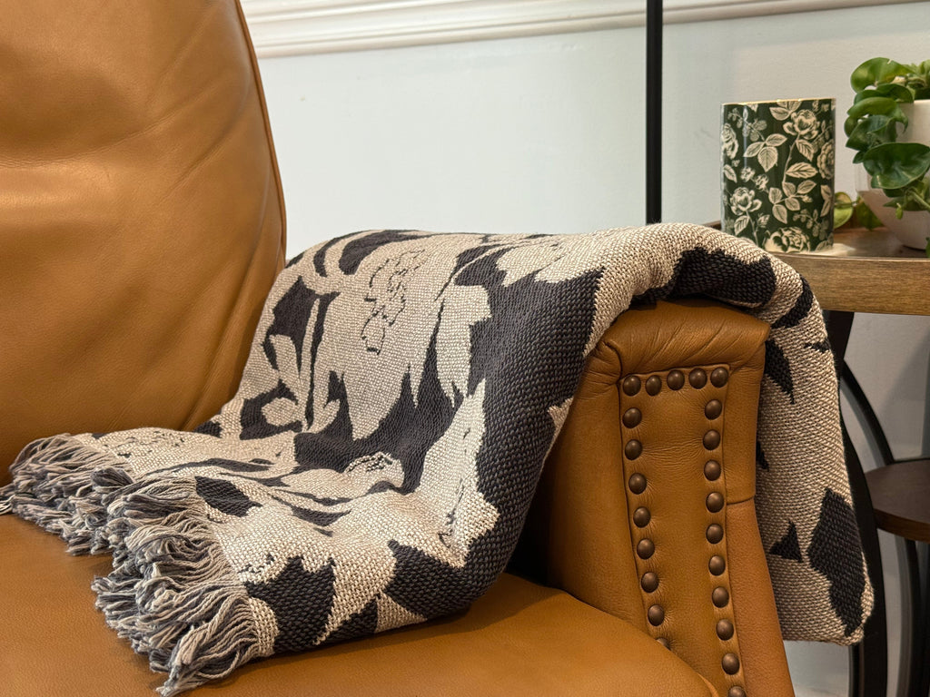 Neutral Botanical Throw Blanket, Reversible Cotton Jacquard Throw
