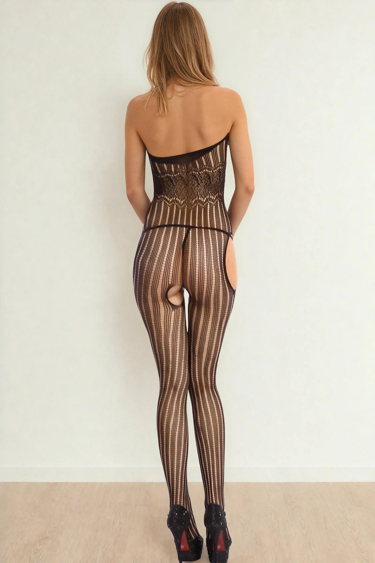 Black Halter Cutout Patterned Bodystocking