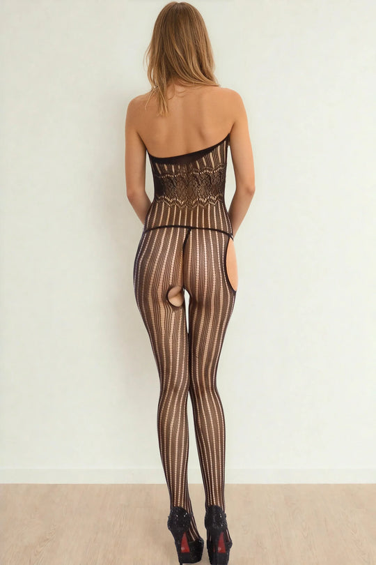 Another view: Black Halter Cutout Patterned Bodystocking