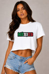 Woman wearing a white Mexico graphic raw-hem crop tee