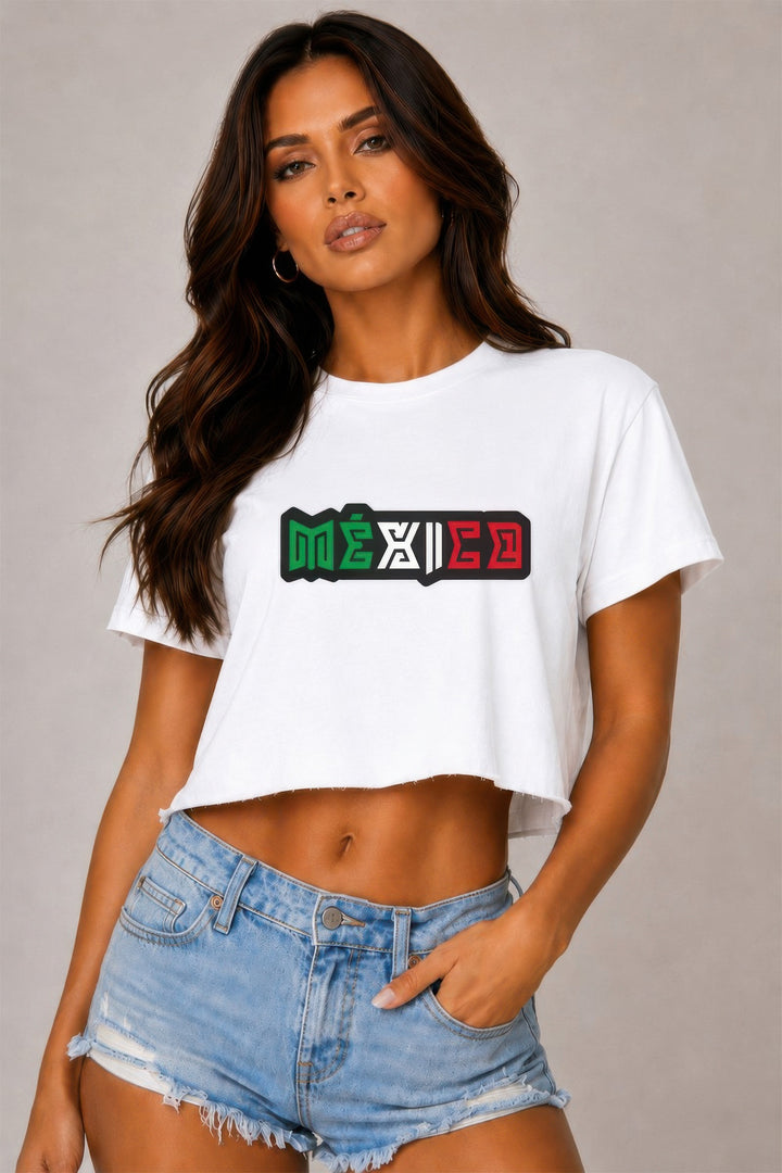 Woman wearing a white Mexico graphic raw-hem crop tee