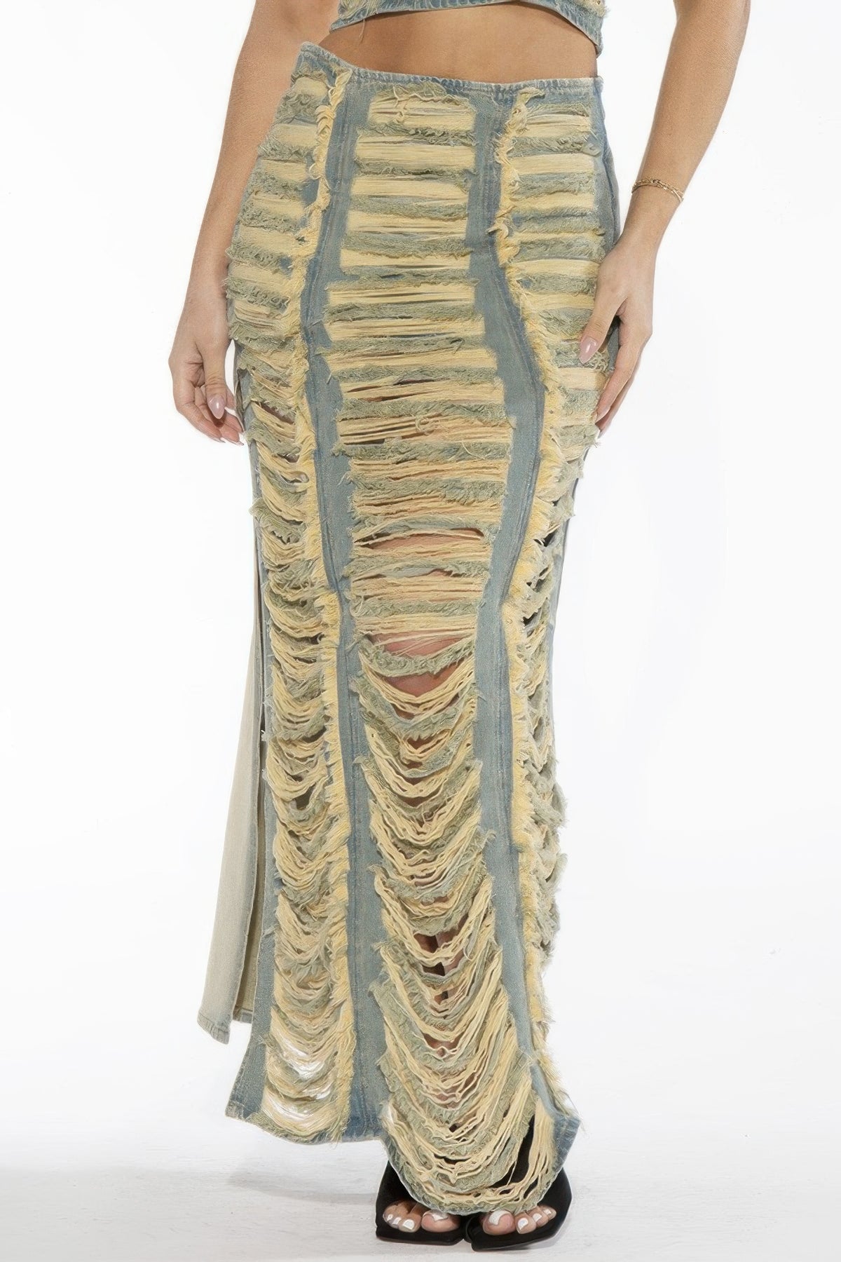 Women's Extreme Shredded Distressed Denim Maxi Skirt