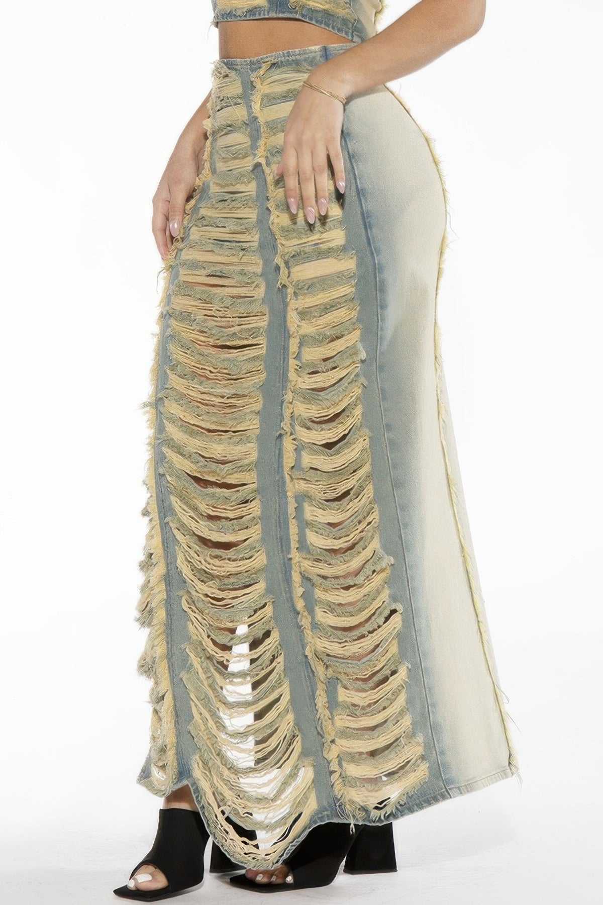 Women's Extreme Shredded Distressed Denim Maxi Skirt