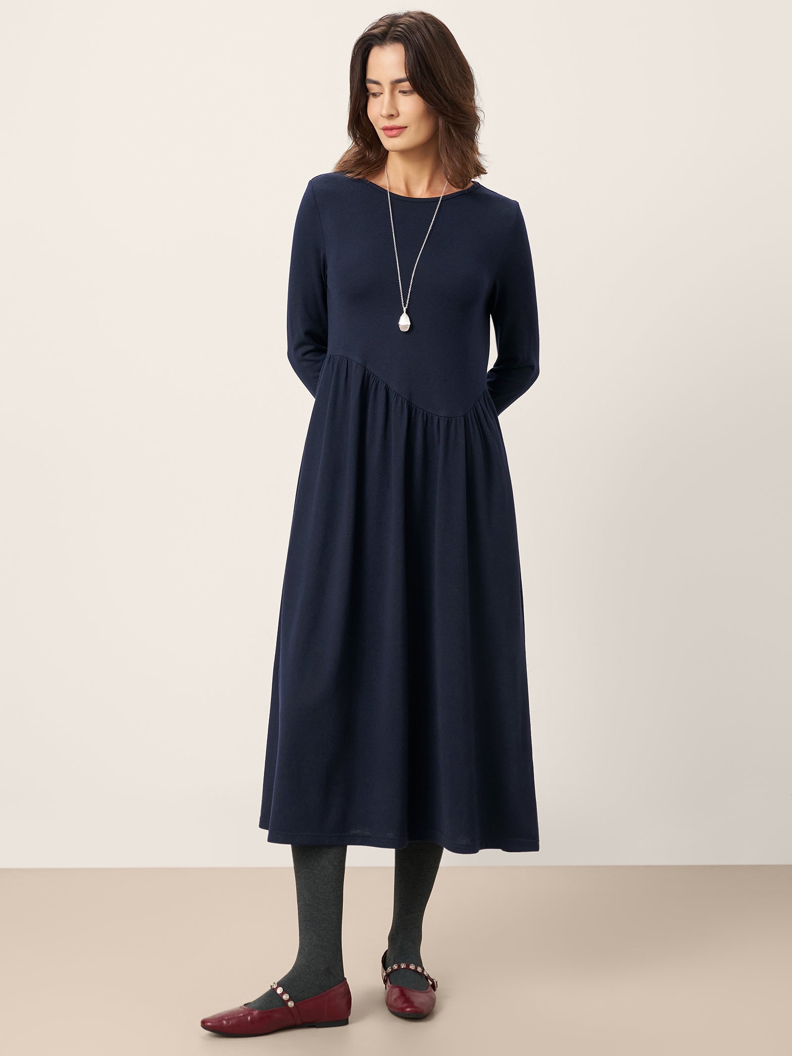 Wool Asymmetric Curved-Cut Midi Dress CALLIE