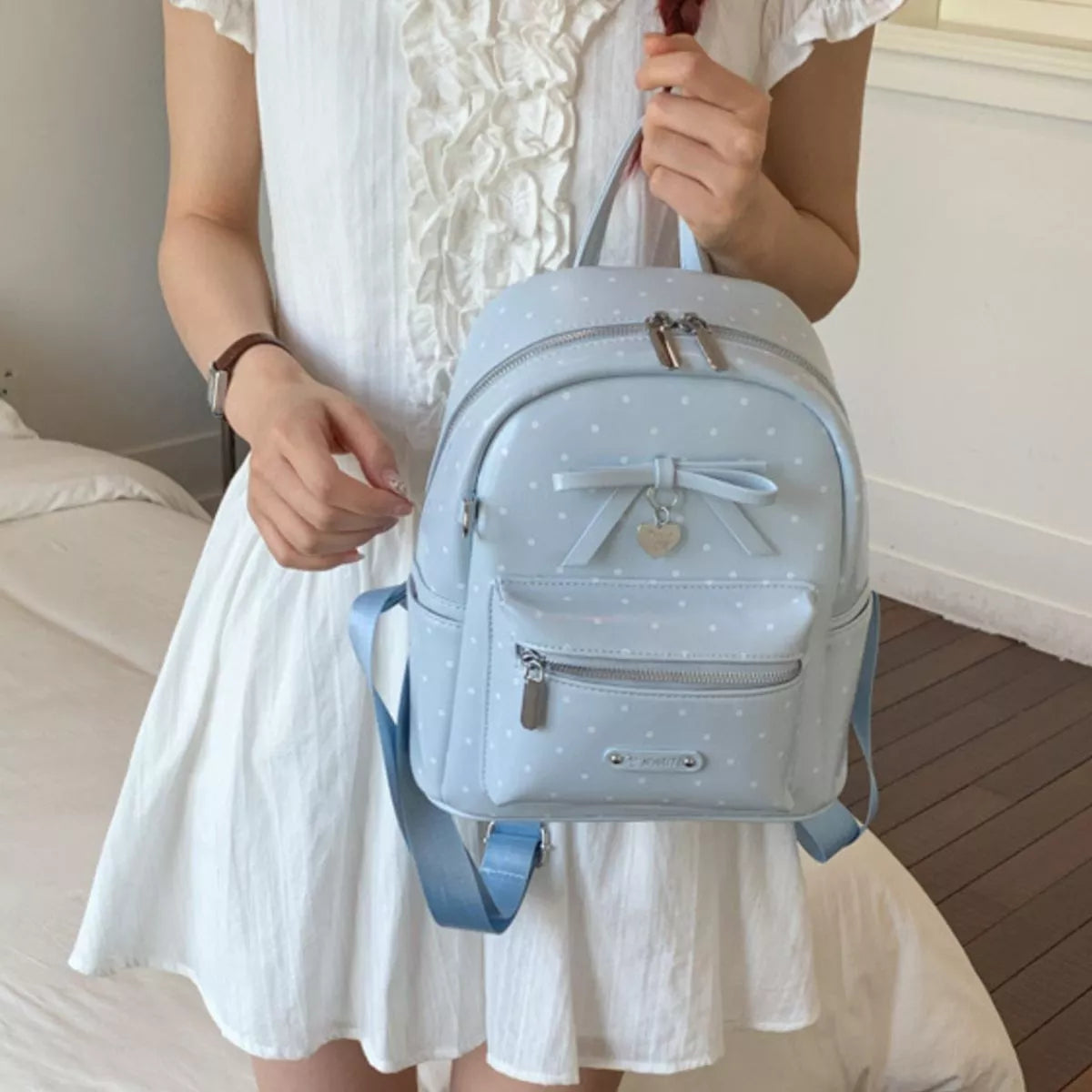 Blue Polka-Dot Bow Mini Backpack