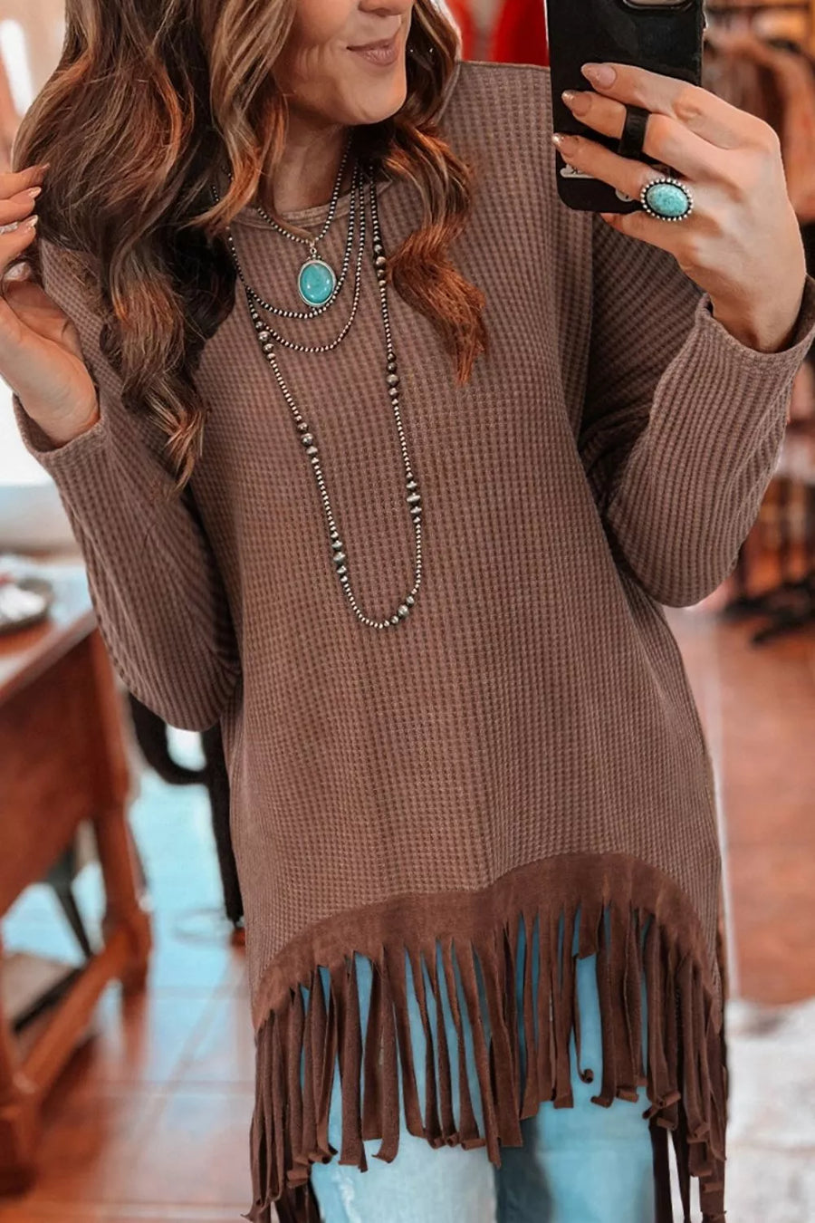 Waffle-Knit Fringed High-Low Top — Brown